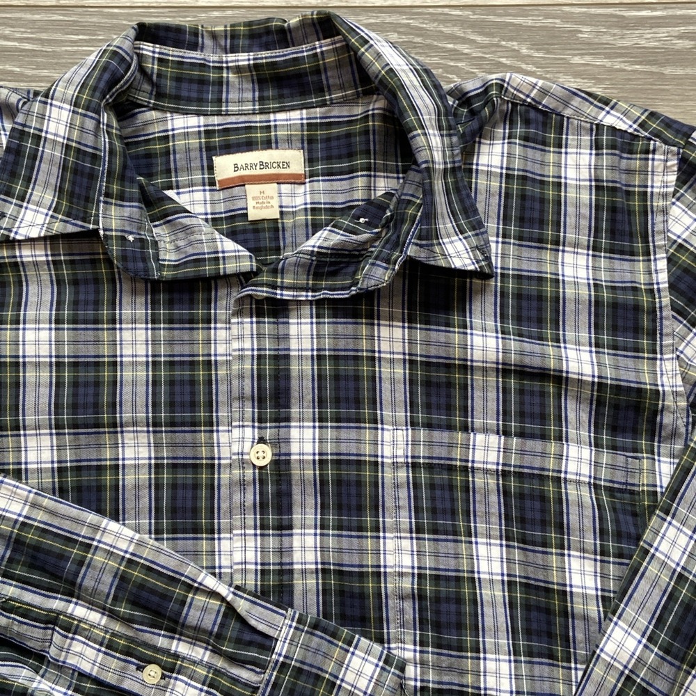 Vintage‎ Barry Bricken Men's M Long Sleeve Button Down Blue Green Check Shirt
